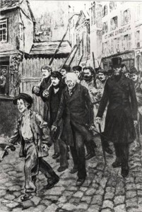 Gavroche Leading a Demonstration, illustration from 'Les Miserables' by Victor Hugo (oil on canvas) (b/w photo) by Jeanniot, Pierre Georges (1848-1934) oil on canvas Bibliotheque Nationale, Paris, France Lauros / Giraudon French, out of copyright